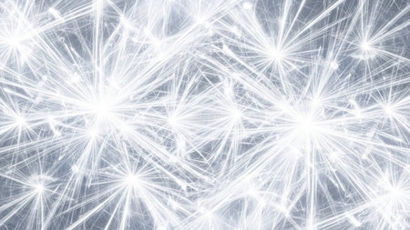 An abstract composition filled with numerous bright white starbursts and sharp, radiating light streaks against a subtle grey background. The pattern creates a sense of dynamic energy and brilliance, with each starburst emanating light in all directions. This luminous and clean offers a modern and visually striking aesthetic.の素材