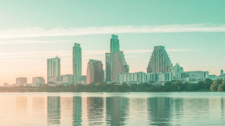 The Austin, Texas skyline is beautifully reflected in the calm waters of a lake during sunrise. The sky is painted with soft pastel colors of teal, pink, and orange, creating a serene and tranquil atmosphere. Tall skyscrapers and modern architecture define the cityscape, while the gentle reflection adds depth and beauty to the scene. captures a peaceful morning view of the vibrant urban waterfront.の素材