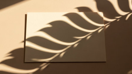 presents an abstract composition created by the interplay of light and shadow. The distinct, wavy patterns of leaf shadows are cast across a smooth, plain beige surface. The shadows are soft and organic, forming an intricate, almost painterly The light source, implied to be natural, creates a gentle contrast, highlighting the shapes and curves of the foliage's silhouette. The overall aesthetic is minimalist and serene, with a subtle yet visual appeal. The muted color palette of beige and...の素材