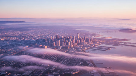 An aerial perspective of the San Francisco skyline at sunrise. Wisps of soft purple and pink fog drift through the city, partially obscuring buildings and creating an ethereal, dreamlike atmosphere. The sun is just beginning to rise, casting a warm glow on the horizon and illuminating the tops of the skyscrapers. The bay and its bridges are visible, adding to the grandeur of the urban landscape.の素材