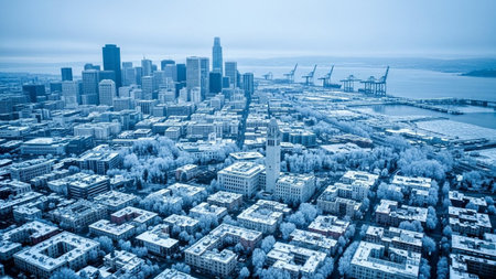 An expansive aerial perspective captures a sprawling city blanketed in snow. Tall skyscrapers dominate the urban landscape, interspersed with lower-rise buildings. In the distance, a harbor is visible, dotted with industrial cranes, suggesting a busy port. The scene is bathed in a cool, overcast light, emphasizing the wintery atmosphere and the stark contrast between the urban structures and the frozen environment.の素材