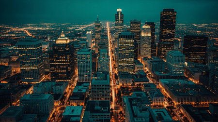 An aerial perspective of a vast, sprawling city at night. Countless buildings and skyscrapers are illuminated with glowing windows and streetlights, creating a vibrant urban tapestry. The deep teal and blue of the night sky contrasts with the warm orange and yellow lights of the city below. Roads and traffic are visible, hinting at the constant energy and activity of the metropolis. The high-angle view emphasizes the sheer scale and density of the urban landscape.の素材