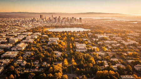 This aerial perspective showcases a sprawling city park with a tranquil lake at its center, surrounded by trees displaying vibrant autumn colors of yellow and orange. In the distance, a city skyline with numerous buildings rises against the warm, golden light of sunset. The scene blends urban development with natural beauty, offering a serene and picturesque view. The warm hues of the foliage and the sky create an atmospheric and inviting landscape, highlighting the harmony between the city...の素材
