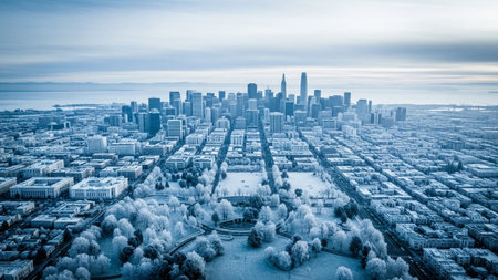 An expansive aerial perspective captures a modern city skyline blanketed in snow. The urban landscape is a mosaic of buildings and skyscrapers, with a large park in the foreground featuring snow-covered trees. The scene is dominated by cool blue and white tones, conveying a sense of winter's chill and serene beauty. The distant horizon is softened by a light fog or clouds, adding depth to the vast panorama.の素材