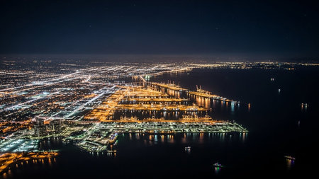 An expansive aerial perspective captures a vibrant port city at night. Thousands of lights from buildings and streets stretch across the land, meeting the dark water. The port itself is a grid of bright illumination, highlighting rows of cargo cranes and shipping containers. Small boats dot the water, reflecting the distant glow. The scene conveys a sense of immense industrial activity and a well-connected global network.の素材