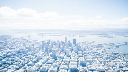 An expansive aerial perspective of a modern city skyline and its surrounding bay area. The entire scene is rendered in a bright, almost monochromatic white palette, with subtle blue tones in the water and sky. Rows of buildings, including prominent skyscrapers, form a dense urban grid. Bridges can be seen connecting landmasses across the water. The sky is bright with soft, diffused clouds, creating a clean and minimalist aesthetic. The overall impression is one of vastness and modern urban...の素材
