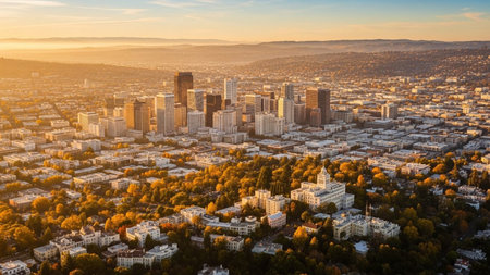 An expansive aerial view captures a sprawling city bathed in the warm, golden light of a sunset. Tall skyscrapers and dense residential areas stretch towards the horizon, interspersed with areas of vibrant autumn foliage in shades of orange and yellow. The golden hour light casts long shadows and highlights the textures of the urban landscape and the surrounding natural creating a and serene panorama of city life during the fall season.の素材