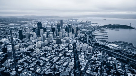 An extensive aerial view of a dense urban cityscape under an overcast sky. Countless buildings of varying heights create a complex grid, with highways and roads weaving through the metropolis. The city extends towards a wide bay, with industrial port facilities visible along the waterfront. The monochromatic blue and grey tones contribute to a feeling of vastness and the sheer scale of urban development.の素材