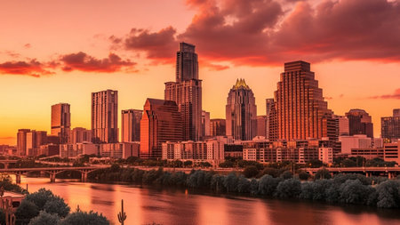 A sunset paints the Austin, Texas skyline in hues of orange and red. Wispy clouds stretch across the sky, illuminated by the setting sun. The city's modern skyscrapers and buildings stand tall, reflected in the calm waters of the river below. A bridge spans the water, connecting parts of the city. Lush green trees line the riverbanks, adding a touch of nature to the urban landscape. The overall mood is serene and capturing the beauty of a city at dusk.の素材