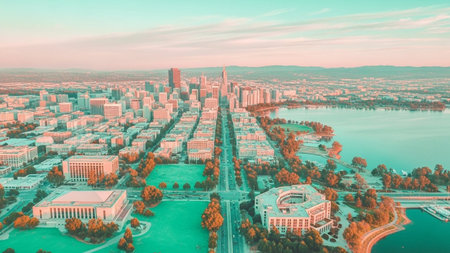 An aerial perspective of a sprawling modern city. Tall buildings and urban structures stretch towards the horizon, interspersed with lush green parks and a serene lake. The city is laid out with wide streets and organized districts. The sky is a soft pastel hue, suggesting either sunrise or sunset.の素材