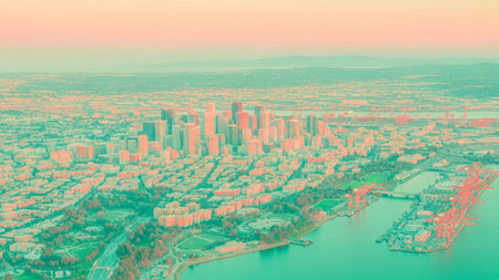 An expansive aerial panoramic view of a sprawling city captured during sunrise or sunset, bathed in soft, warm pastel hues. The showcases a dense urban landscape with numerous buildings and skyscrapers, transitioning to a coastal area with a body of water, a port, and industrial cranes. The color palette is dominated by gentle pinks, oranges, and teals, creating a serene and atmospheric mood. Residential areas, roads, and green spaces are visible, offering a comprehensive overview of the...の素材