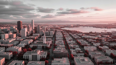 An expansive aerial perspective captures a dense urban landscape bathed in the soft, warm hues of a sunset. Tall modern skyscrapers and a variety of other buildings stretch across the scene, interspersed with tree-lined streets. The sky is a blend of pink and orange, with scattered clouds adding texture. In the distance, a body of water reflects the fading light, with a bridge and industrial visible along the coastline, hinting at the city's connection to the bay. The overall mood is serene...の素材
