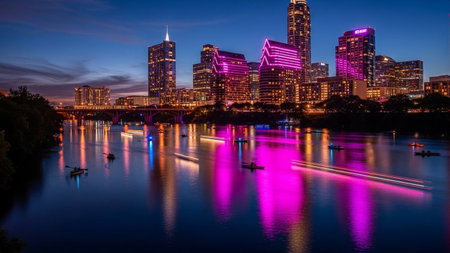 A vibrant cityscape of Austin, Texas, unfolds at twilight. Modern skyscrapers with glowing pink and purple lights pierce the darkening sky. The Colorado River below mirrors the urban illumination, creating a reflection. Small boats and kayaks navigate the water, adding a sense of activity to the serene evening scene. The overall mood is one of energetic urban beauty and tranquil naturalの素材