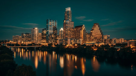 The vibrant Austin, Texas skyline is captured at dusk, with its modern skyscrapers illuminated against the darkening teal sky. The city lights create a spectacle, beautifully reflected in the calm waters of the river flowing in the foreground. Lush trees line the riverbanks, adding a touch of nature to the urban panorama. showcases the dynamic energy and beauty of the city at night.の素材