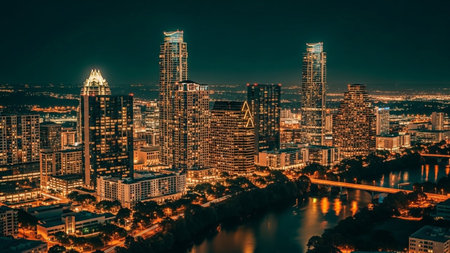An expansive aerial view of the Austin, Texas skyline at night. Numerous modern skyscrapers are brightly illuminated, their lights creating a vibrant glow against the dark sky. A river flows through the city, reflecting the city lights and adding depth to the scene. A bridge spans the water, connecting different parts of the urban landscape. The overall impression is one of a bustling and energetic metropolis after dark.の素材