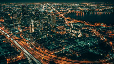 An impressive aerial perspective of a vast city at night. Countless lights from buildings and streets create a glowing tapestry against the dark sky. Major highways are illuminated with streaks of light from moving vehicles, showcasing the city's constant energy and movement. Tall skyscrapers and diverse architectural styles define the urban landscape. The scene captures the vibrant, dynamic nature of a modern metropolis after dark, with a sense of scale and complexity.の素材