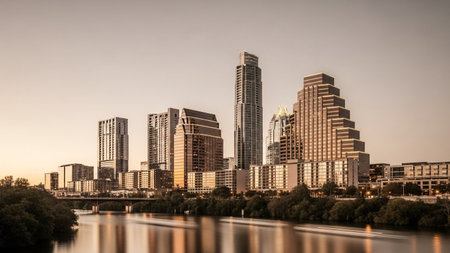 The Austin, Texas skyline is captured in the warm, soft light of sunset. Tall, modern skyscrapers rise above a lush green treeline, with their golden facades reflecting the fading sunlight. The Colorado River flows gently in the foreground, its surface mirroring the cityscape and the sky. A bridge spans the river, connecting the urban center to the surrounding landscape. The overall scene is serene and picturesque, showcasing the blend of urban development and natural beauty.の素材