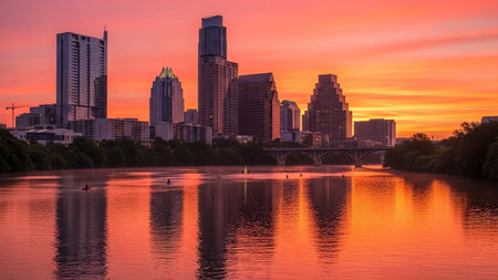 The Austin, Texas skyline is captured at sunset, with a display of vibrant orange and pink hues painting the sky. Tall modern skyscrapers dominate the urban landscape, their reflections shimmering on the calm surface of the river below. A bridge spans the water, connecting parts of the city. The warm, intense colors of the sunset create a dramatic and atmosphere, highlighting the city's architecture against the colorful sky.の素材