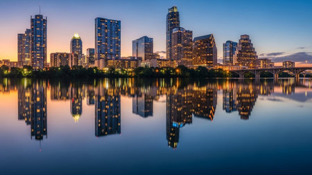 The Austin, Texas skyline is captured at dusk, with its modern skyscrapers illuminated by countless lights. The warm glow of the setting sun creates a contrast with the deepening blue of the twilight sky. The city's impressive architecture is mirrored perfectly in the calm waters below, creating a symmetrical reflection. A bridge can be seen in the distance, adding to the urban panorama. The scene conveys a sense of vibrant city life and architectural grandeur.の素材