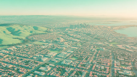 An expansive aerial view of a vast city, characterized by dense residential areas with numerous houses and streets, transitioning towards a distant downtown skyline with skyscrapers. To the left, rolling green hills meet the urban sprawl. A body of water, possibly a bay or ocean, is visible on the right. The sky is hazy with soft, pastel colors, suggesting either sunrise or sunset, creating a serene and peaceful atmosphere over the expansive landscape.の素材