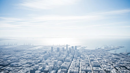 An expansive aerial view of a large coastal city showcasing its vast urban sprawl and a busy port. Numerous buildings and skyscrapers form the cityscape, stretching towards the horizon. The prominent harbor is filled with ships and industrial cranes, highlighting its importance as a logistics and transportation hub. The bright daylight and clear sky offer a comprehensive overview of this dynamic maritime city.の素材