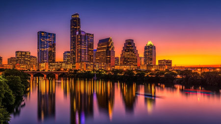 The Austin, Texas skyline is dramatically illuminated against a vibrant orange and purple sunset sky. Tall modern skyscrapers and buildings glow with interior lights, casting a warm reflection onto the calm river below. Lush trees frame the cityscape, creating a picturesque urban panorama at dusk.の素材