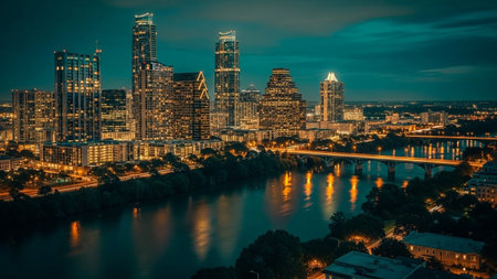 The vibrant Austin, Texas skyline glows at night, with towering illuminated skyscrapers reflecting in the dark, calm waters of the river below. A bridge spans the water, with traffic lights adding streaks of color. The twilight sky provides a deep teal backdrop to the modern urban landscape. This aerial view captures the energy and beauty of the city after dark.の素材