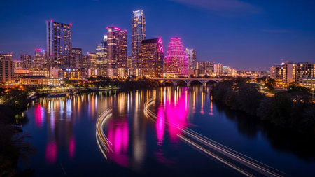 A nighttime panorama of the Austin, Texas skyline. Towering modern skyscrapers dominate the view, with several buildings dramatically illuminated in vibrant pink and magenta hues. The city lights cast a colorful reflection on the dark, calm waters of the Colorado River, where the streaks of light from passing boats add a dynamic to the scene. A bridge spans the river in the mid-ground, connecting the urban landscape. The deep blue twilight sky provides a dramatic backdrop to this energetic...の素材