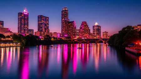 The Austin skyline is illuminated with vibrant pink and purple lights as dusk settles over the city. Tall modern skyscrapers stand against the twilight sky, their glow reflected spectacularly in the calm waters of the river below. Small boats navigate the water, adding a sense of movement to the serene urban landscape. The scene captures the energetic and colorful essence of the city at night.の素材