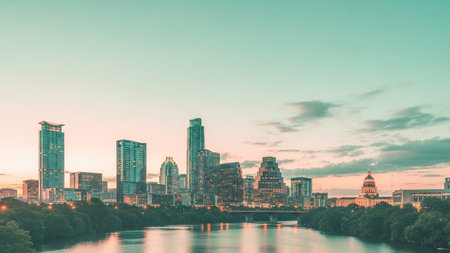 A panoramic view of the Austin, Texas skyline at dusk. Tall modern skyscrapers stand against a pastel-colored sky with soft clouds. A wide river flows in the foreground, reflecting the city lights and the warm hues of the sunset. Lush green trees line the riverbanks, contrasting with the urban architecture. The capitol building is visible on the right, adding a historical to the modern cityscape. The overall mood is serene and tranquil, showcasing the beauty of the city at twilight.の素材