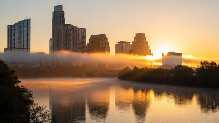 The Austin, Texas skyline is partially obscured by a thick blanket of morning fog rising from the Colorado River. The warm hues of sunrise paint the sky in shades of orange and yellow, reflecting softly on the calm water. Modern skyscrapers and buildings of varying architectural styles pierce through the mist, creating a dramatic and atmospheric urban landscape. The scene evokes a sense of tranquility and the quiet beauty of a city waking up.の素材