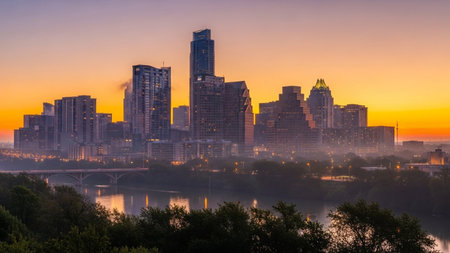 The vibrant Austin, Texas skyline emerges from a gentle morning haze as the sun begins to rise. Tall skyscrapers and modern architecture dominate the urban landscape, reflected in the calm waters of the river flowing through the foreground. Lush green trees and foliage line the riverbanks, contrasting with the concrete jungle. A bridge spans the water, connecting the city. The sky is painted with warm hues of orange and yellow, creating a picturesque dawn.の素材