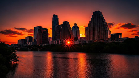 The Austin, Texas skyline is dramatically silhouetted against a vibrant orange and red sunset. The sun, appearing as a bright starburst, is positioned between the skyscrapers. Lady Bird Lake in the foreground reflects the fiery colors of the sky and the city lights. Lush trees line the water's edge, and a bridge spans the water in the distance. The scene is filled with warm, intense colors and a sense of urban grandeur meeting natural beauty.の素材