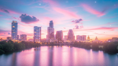 A panoramic view of the Austin, Texas skyline at sunset. The sky is a canvas of vibrant pink and purple hues, with wispy clouds stretching across the horizon. The city's modern skyscrapers are illuminated, their lights reflecting beautifully on the calm surface of the river in the foreground. The scene evokes a sense of peace and wonder, capturing the magical transition from day to night in this dynamic urban landscape.の素材