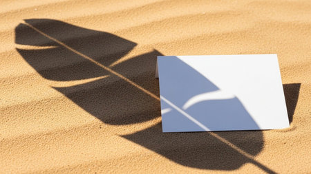 A blank white card rests on rippled sand, with the distinct shadow of a tropical leaf cast across it and the surrounding surface. The natural texture of the sand and the play of light and shadow create a minimalist and serene composition. offers ample copy space, making it invitations, messages, or that require a natural and peaceful aesthetic. The contrast between the white card and the warm sand is visually appealing.の素材
