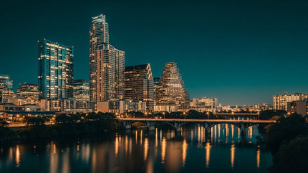 The Austin skyline is a spectacle at night, with numerous illuminated skyscrapers piercing the dark blue twilight sky. A prominent bridge spans a calm river, its lights creating a shimmering reflection on the water's surface. The modern architecture of the city stands out, showcasing a vibrant urban landscape. The scene captures the energy and dynamism of a bustling metropolis after dark, with a sense of depth and scale provided by the river and the distant buildings.の素材