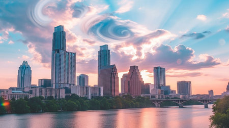 A panoramic view of the Austin, Texas skyline at sunset. Tall modern skyscrapers dominate the horizon, silhouetted against a vibrant sky filled with dramatic, swirling clouds. Sunbeams pierce through the clouds, casting a warm glow. The calm river in the foreground perfectly reflects the colorful sky and the city's architecture, creating a serene and urban landscape. The scene is bathed in the warm hues of twilight, with pink, blue, and orange tones blending beautifully.の素材