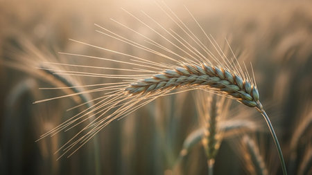 A detailed close-up shot focuses on a single ear of golden wheat, beautifully backlit by the warm, soft light of a sunset or sunrise. The delicate strands and seeds of the wheat are illuminated, creating a gentle glow and a shallow depth of field that blurs the background field into soft bokeh. The warm tones of yellow and brown evoke a sense of harvest, nature, and tranquility. highlights the intricate details of the grain and the beauty of natural light.の素材