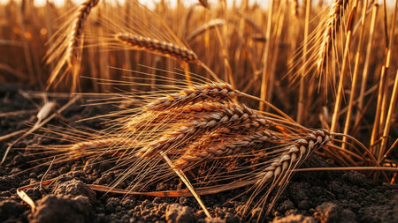 A detailed close-up captures golden wheat stalks in a field bathed in the warm, soft light of sunset. The amber and brown hues of the ripening grain and the rich earth create a textured and natural scene. Sunlight filters through the stalks, highlighting the intricate details and evoking a sense of harvest and abundance.の素材