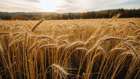 A close-up view of a golden wheat field bathed in the warm, soft light of a sunset. The individual stalks and ears of wheat are sharply in focus, showcasing their texture and rich golden color. In the background, distant trees are silhouetted against the sky, creating a serene and peaceful rural landscape.の素材