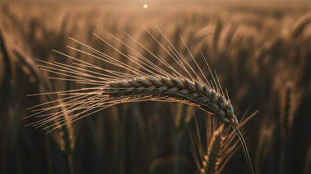 A detailed close-up captures a single wheat stalk, its delicate awns fanned out and illuminated by the warm, golden light of either sunrise or sunset. The background is a soft blur of more wheat stalks, creating a bokeh effect that emphasizes the texture and form of the main evokes a sense of natural beauty, harvest, and the peaceful tranquility of a rural landscape bathed in warm, atmospheric light.の素材