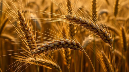 A detailed close-up captures the texture and golden hues of wheat stalks swaying gently in a field during sunset. Warm sunlight bathes the scene, highlighting the individual grains and delicate awns of the wheat ears. The shallow depth of field creates a soft, blurred background, emphasizing the natural beauty and abundance of the harvest. evokes feelings of warmth, nature, and the bounty of agriculture.の素材