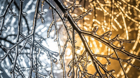 A striking close-up of delicate, ice-covered branches, showcasing intricate details of frozen droplets and frost. The a unique split color effect, with one side rendered in cool, icy blues and the other in warm, golden-orange hues, suggesting contrasting light sources or temperatures. The transparent ice catches the light, creating a and abstract natural pattern.の素材