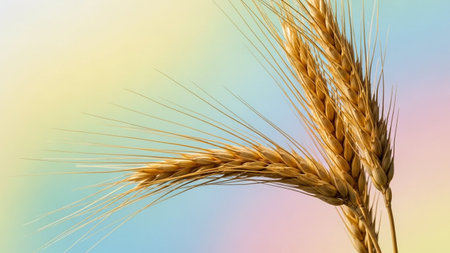A close-up shot of several golden wheat stalks with their delicate awns extending outwards. The wheat is a rich golden-yellow color, showcasing its natural texture and form. The background is a soft, blurred gradient of pastel colors, transitioning from pale yellow to light blue and pink, creating a gentle and airy feel. The focuses on the simple beauty and organic nature of the agricultural product.の素材