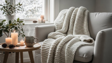 A close-up shot captures a cozy interior scene. A plush armchair is draped with a thick, knitted blanket, suggesting warmth and comfort. Beside it, a wooden side table holds a steaming mug, several lit candles casting a soft glow, and decorative pine cones. Through a window in the background, a hint of a snowy winter landscape can be seen, enhancing the feeling of indoor warmth and tranquility.の素材