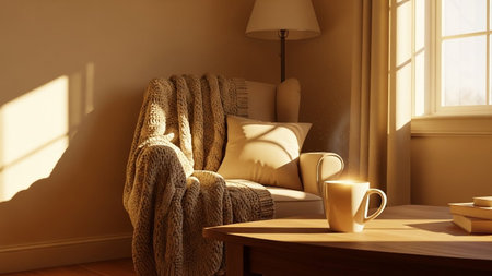A comfortable armchair is draped with a thick, knitted blanket and a soft pillow. Sunlight streams in from a nearby window, casting dramatic shadows across the room and illuminating the textures of the blanket and furniture. On a wooden coffee table in front of the chair, a white mug emits a gentle steam, suggesting a hot beverage. A stack of books rests on the table, adding to the scene's sense of quiet domesticity. The warm, golden light creates a cozy and inviting atmosphere, relaxation...の素材