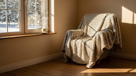 A comfortable armchair is draped with a thick, textured knitted blanket, inviting relaxation. It sits beside a window where soft sunlight streams in, casting warm patterns on the wall and wooden floor. Outside the window, a winter scene with snow-covered trees is visible, suggesting a cold day outside contrasted with the warmth and coziness of the interior. A small cup with visible steam sits on the windowsill, adding a touch of domestic comfort. The lighting and composition evoke a sense of...の素材