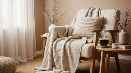 A plush armchair, draped generously with a textured knitted blanket and adorned with a striped cushion, creates an inviting scene of comfort. Adjacent to it, a small, light-wood side table holds a steaming mug of coffee and a few books, alongside a vase with delicate branches. Soft natural light filters in from a nearby window, illuminating the warm, neutral tones and creating a serene, cozy atmosphere relaxation and hygge.の素材