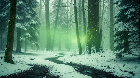 A mystical and enchanted winter forest scene. Snow blankets the ground and covers the branches of tall trees, creating a serene and quiet atmosphere. A winding path leads through the woods. A soft, magical green glow emanates from the trees in the background, casting an ethereal light and creating a sense of wonder and fantasy. The air appears misty, adding to the dreamlike of the landscape.の素材