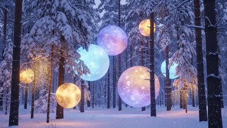 A magical winter forest scene at night, with snow-covered pine trees and branches. Large, glowing orbs in shades of blue, purple, and orange are suspended among the trees, casting a soft, ethereal light. Delicate fairy lights twinkle in the background, adding to the and whimsical atmosphere. The ground is covered in a thick blanket of snow, and the overall mood is serene and dreamy.の素材